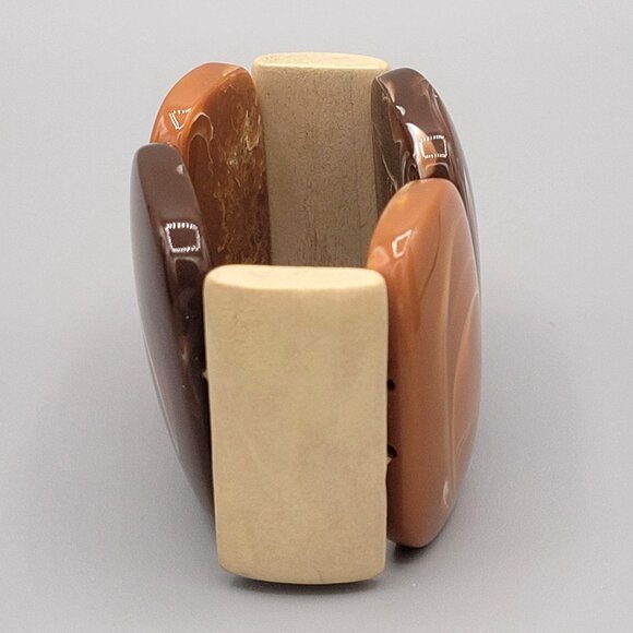 Chunky Brown Beige Stretch Bracelet With Large Oval Resin Marbled Beads - Picture 4 of 6